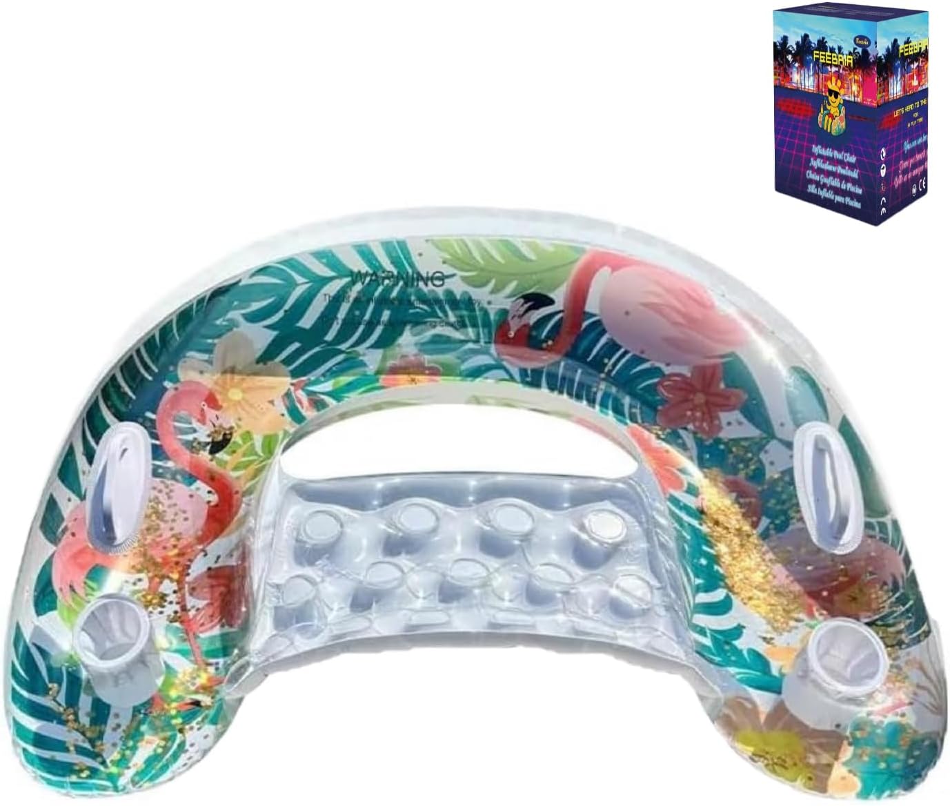Tropical flamingo inflatable pool lounger with backrest, handles, cupholders and Feebria packaging