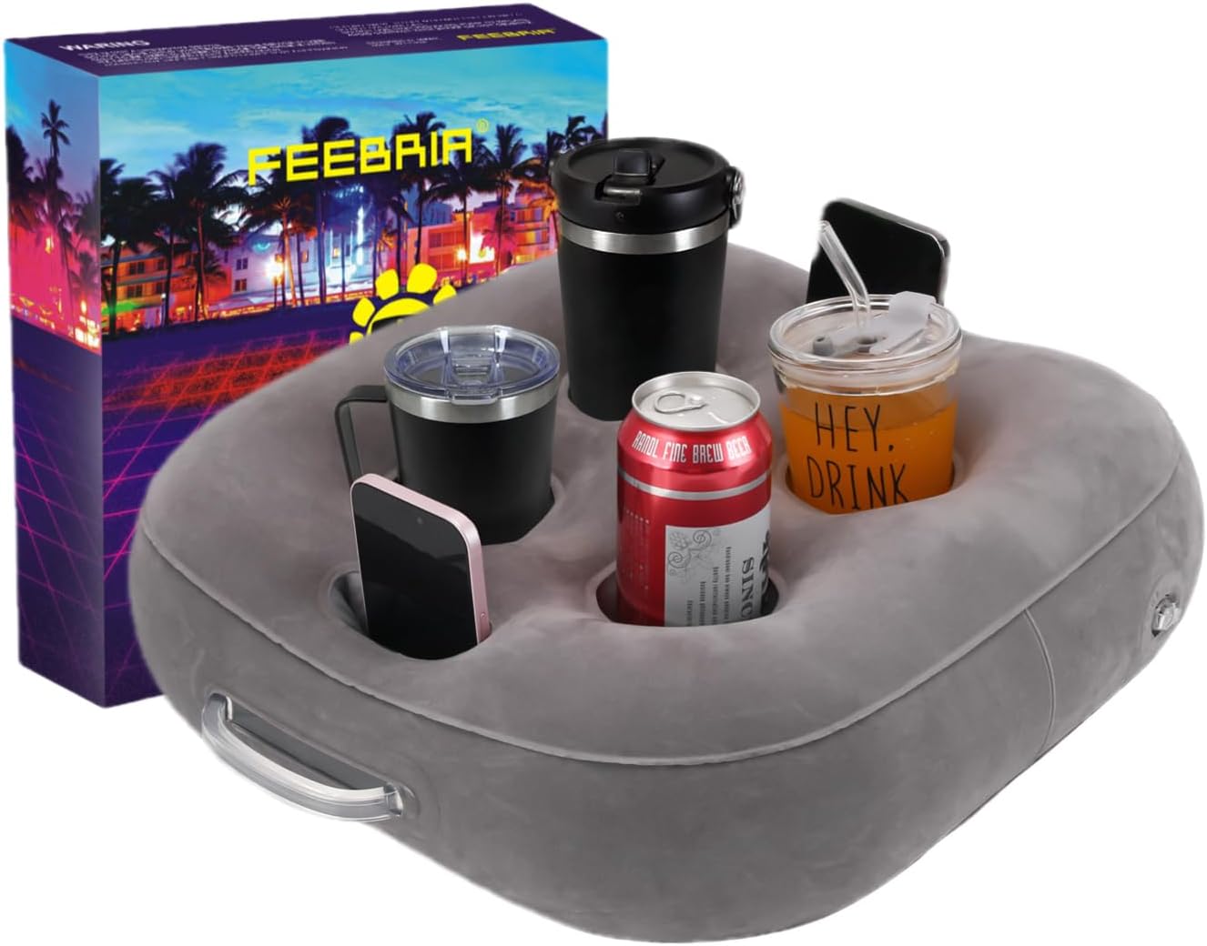 FEEBRIA gray floating drink holder with four cup spaces and branded Miami-style packaging